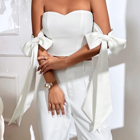 White Casual Women's Knot Side Zip Back Bustier Crop Top - Picture 6 of 6